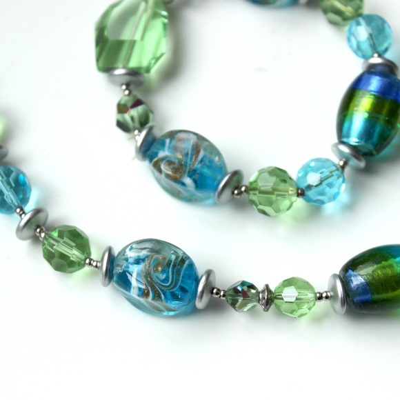 Art glass blue green beaded choker necklace and bracelet set lampwork Murano - Picture 4 of 8